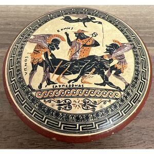 Vintage Hand Made GREECE Terracotta ARTEMIS & HERAKLIS 4‎ 1/2"Trinket Box